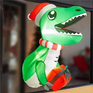 3.5 FT Christmas Window Inflatable Dinosaur, Blow Up Inflatable with LEDs